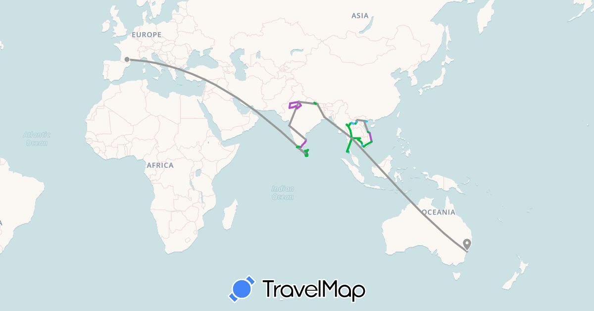 TravelMap itinerary: bus, plane, train, boat in Australia, France, India, Cambodia, Laos, Sri Lanka, Nepal, Thailand, Vietnam (Asia, Europe, Oceania)