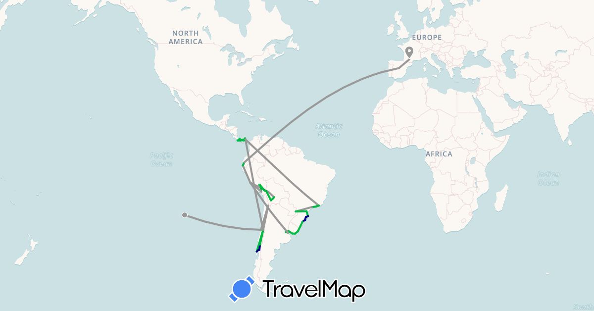TravelMap itinerary: driving, bus, plane, boat in Argentina, Bolivia, Brazil, Chile, Costa Rica, Ecuador, Spain, France, Panama, Peru, Uruguay (Europe, North America, South America)