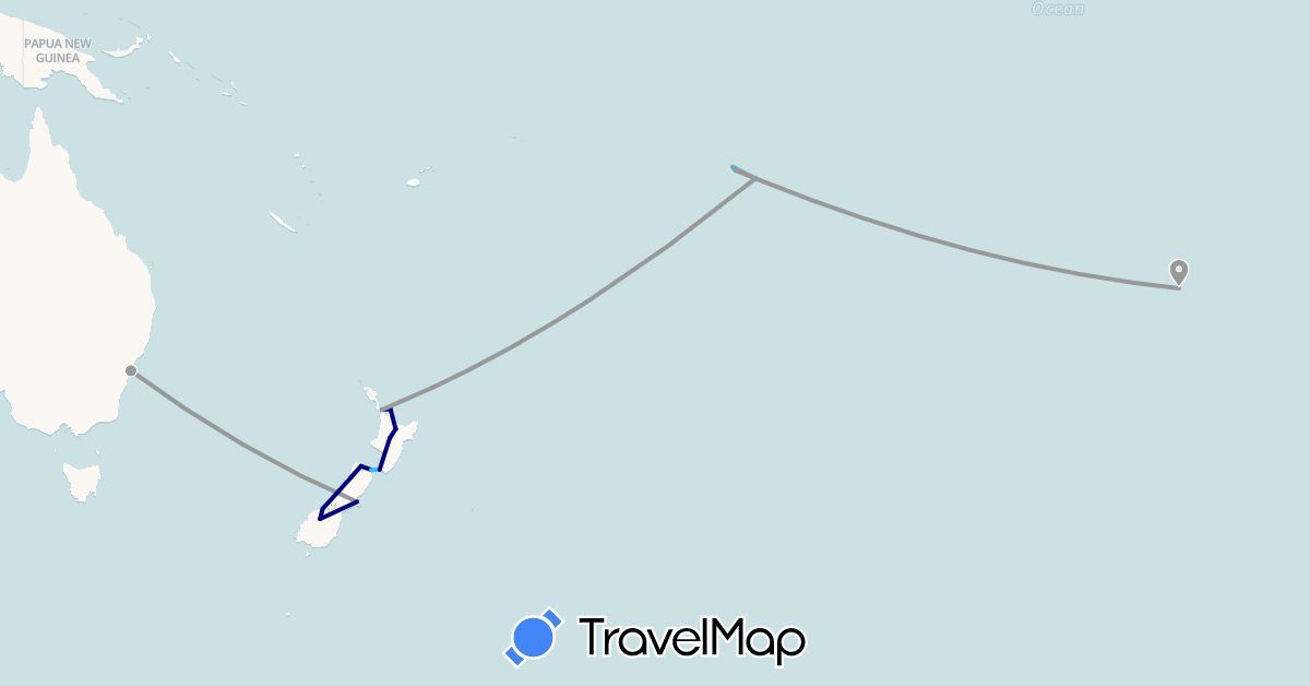 TravelMap itinerary: driving, plane, boat in Australia, Chile, New Zealand, French Polynesia (Oceania, South America)